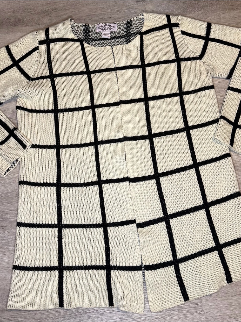 Windowpane Knit Cardigan Sweater - Cream/Black